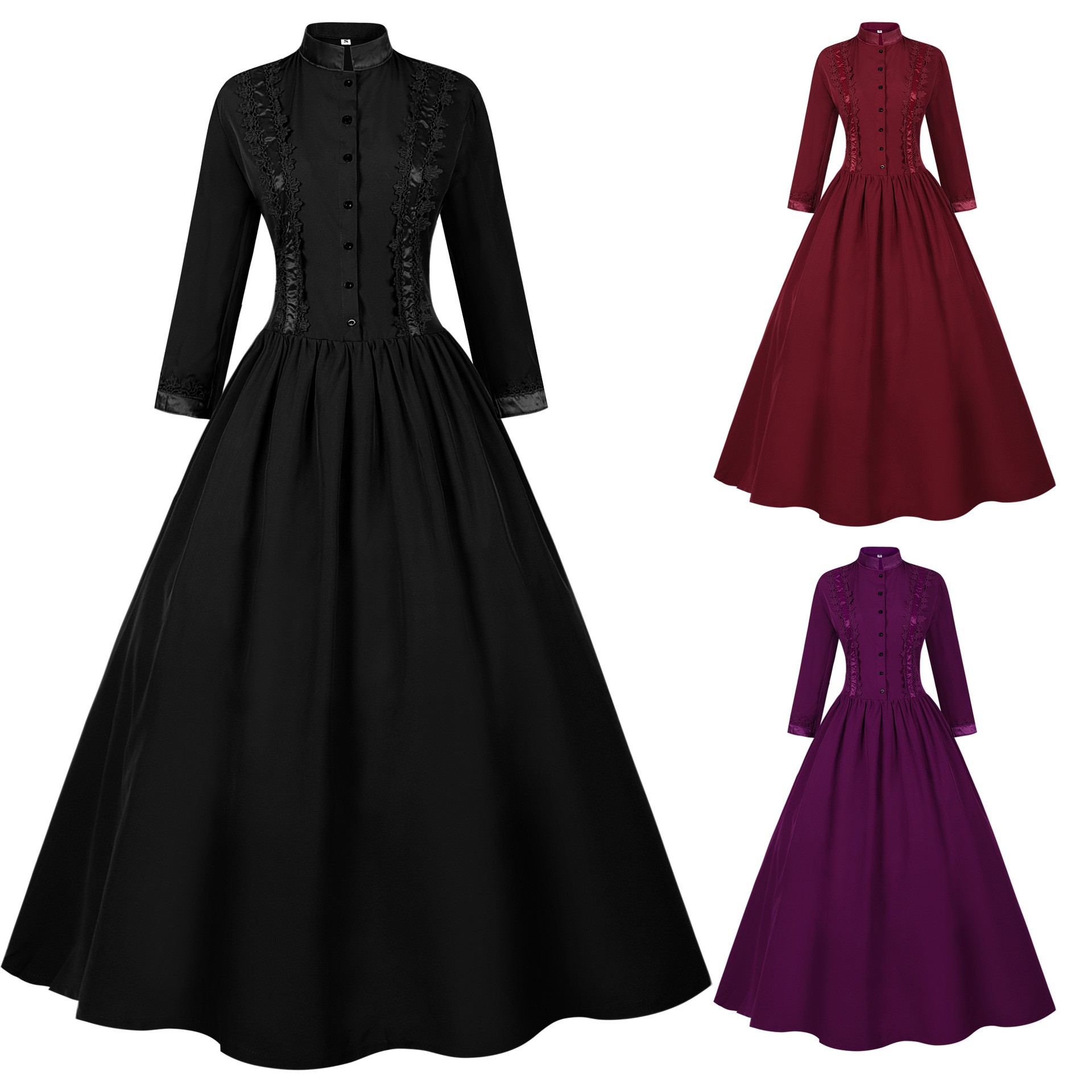 Amazon Wish New Halloween Medieval Dress Women's Stand Collar Large Rule Hem Retro Long Women's Skirt