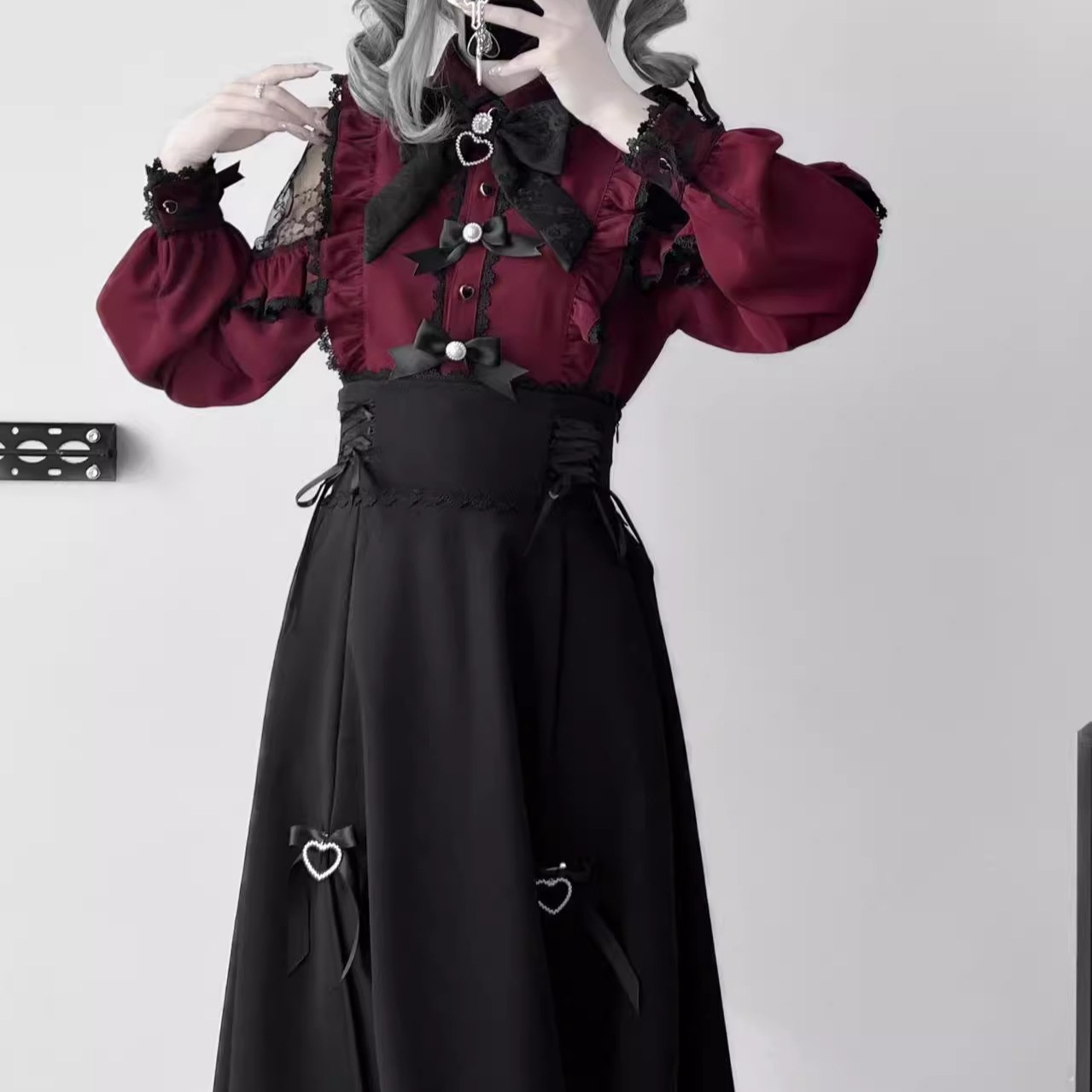 Japanese-Style Dark Lolita Lace Shirt Top + High-Waisted Skirt 2026 Spring and Autumn New Two-Piece Set for Women