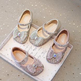Girls' princess shoes 2023 Korean style Spring and Autumn new children's bow leather shoes soft bottom small medium and big children's rhinestone shoes