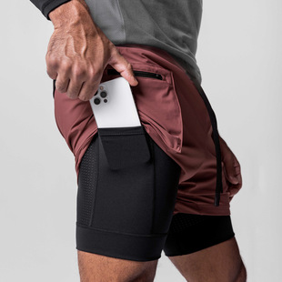 Summer new men's sports running gym training basketball solid color double fake two shorts foreign trade