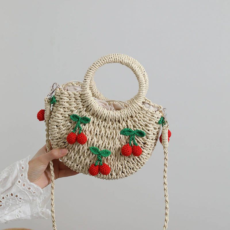2026 New Cute Cherry Mini Straw Woven Handbag, Strawberry Crossbody Bag, Vacation Beach Bag