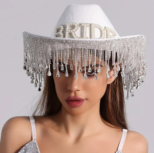 Cross-border Hot-selling Water Drop Pendant Diamond Tassel BRIDE Pearl Letter Cowboy Hat Bachelor Party Outfit Hat