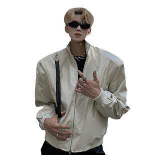 Foreign Trade Niche Collar Design Leather Jacket Men's Retro Design Advanced Sense Shoulder Pad Motorcycle Short Jacket Top
