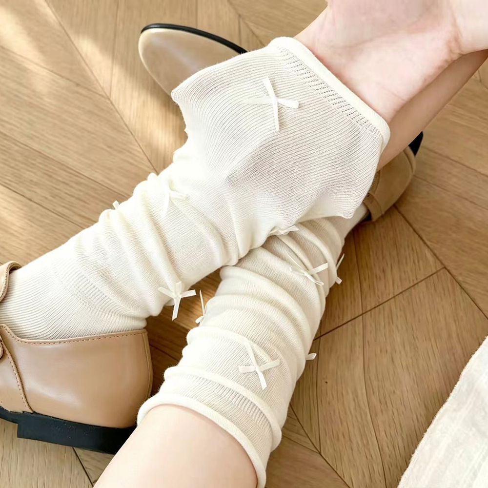 Ballet-Style White Slouch Socks for Women, Summer Thin Version, Slimming Calf Socks, Long Tube with Bow, Versatile for Students