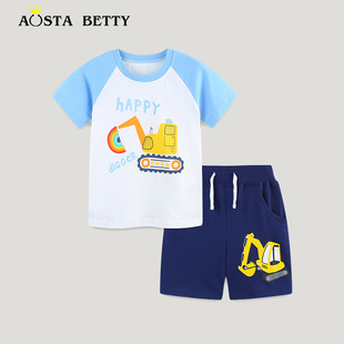 AostaBetty Children's suit Summer New Car Printed Boys Short-sleeved suit European and American Style Children's Wear Cross-border