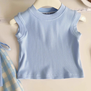 Nezha 2025 Girls Summer New Style Girls Blue Plaid Suit Sleeveless Top with Bow Wide Leg Pants Suit