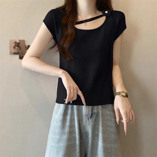 2025 Light Purple Top High-class Niche Square Collar Short-sleeved Knitted Strap T-shirt Women's Top for Outer Wear Women