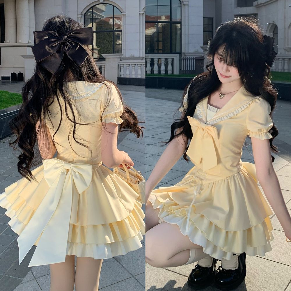 In Stock: Cream Pudding French-Style Girly Jk Navy Collar Ruffled Bow Top and Cake Skirt Two-Piece Set