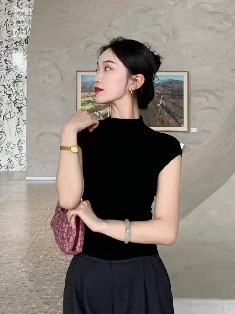 프렌치 하프 하이 넥 텐셀 플라잉 슬리브 니트 반팔 티셔츠 여성용 여름 25 뉴 숄더 스파이스 걸 탑 슬림 핏 퓨어 슬림