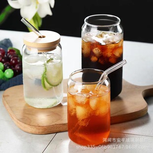 Household Glass large capacity Cola milk juice cup with straw high temperature resistant borosilicate creative can