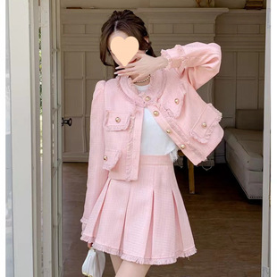 Xiao Xiang style pink suit 2024 spring new French socialite thin coat pleated suit skirt two-piece set