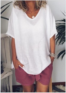 Cross-border Amazon Europe and the United States summer new solid color loose short sleeve casual cotton and linen T-shirt
