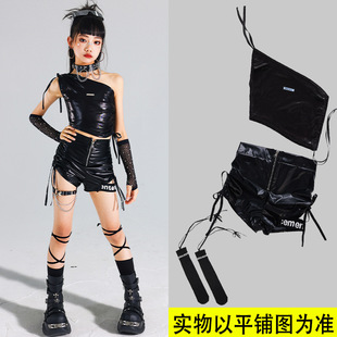 Girls' Jazz Dance Performance Outfit Children's Trendy Street Dance Costume Kids' Street Show Girl Shiny Leather Set