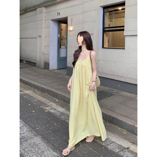 Holiday New French Yellow Sling dress Women's Summer Seaside Skirt Loose Beach Fairy Long Dress