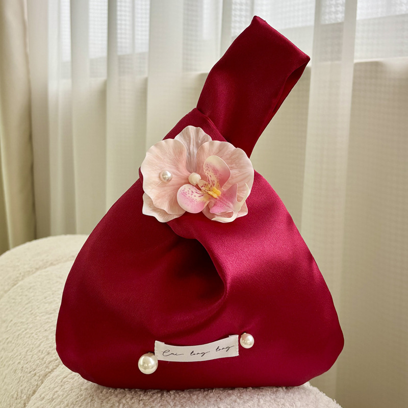 Chinese-style gift tote bag, wedding favor, silk bag, orchid and pearl wristlet/handbag.