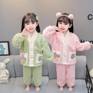 Children's Pajamas Autumn and Winter Flannel Thickened Home Clothes Girl's Coral Fleece Baby Princess Cartoon Warm suit