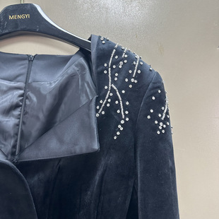 Thirteen Lines of Winter Goose Velvet Hand-Beaded Diamond Retro Socialite Versatile Belt Long-Sleeved Dress A3 # 8985
