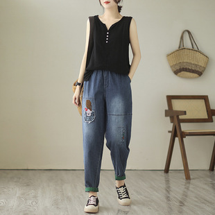 2023 New Stretch Thin Denim Embroidered Washing Water Ankle-length Pants Ethnic Style Harlan Jeans Women's Trendy Foreign Trade