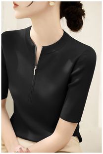 Spring Crewneck Design Lyocell Tencel Short-sleeved Sweater Fashion Zipper Half Cardigan Slim-fit All-match Top Women