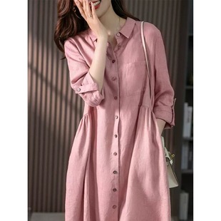 Elegant French Style Cotton and Linen Shirt Dress Design Niche 2023 Spring New Slimming Solid Color Dress for Women