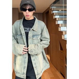 Yellow mud dyed tooling Denim coat men's spring and autumn American street retro high-end hiphop jacket niche design