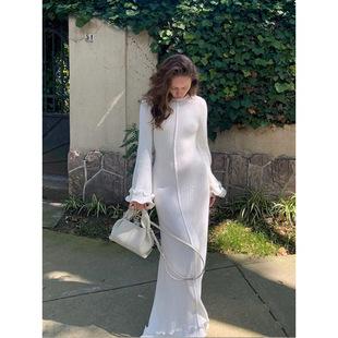 2025 Solid Color Long Sleeve dress Europe and America Amazon Cross-border Gentle Crewneck Horn Sleeve Slim-fit Elegant dress