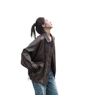 Retro Brown Leather Jacket Women's Short 2024 Autum Korean Style Loose Leather Jacket Handsome Motorcycle Jacket