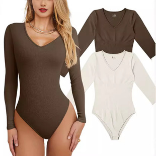 2023 spring and summer European and American Foreign trade Women's independent station solid color tight waist V-neck long sleeve jumpsuit jumpsuit