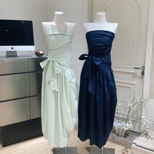 Mint Mambo Green Vacation Style Strapless dress Loose Irregular Non-Chest Pad Pleated Midi Dress
