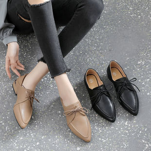 Genuine Leather Low Heel Deep Mouth Single Shoes Women's Spring 2024 New Soft Leather Pointed Flat Shoes Lace-Up Thick Heel Small Leather Shoes