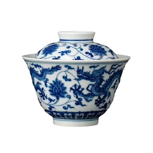Blue and White Porcelain Hand-painted Dragon and Phoenix Wearing Pattern Two-cap Bowl Single High-grade Light Luxury Vintage Ceramic Kung Fu Tea Bowl