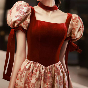 Toast Dress Bride Wedding Door Dress Engagement French Dress Spring Escape Princess Red Dress Short Sleeve