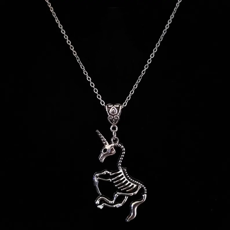 Cross-Border Skull Unicorn Necklace Silver Metal Pendant Gothic Fantasy Grotesque Skull Fairy Tale Jewelry Batch