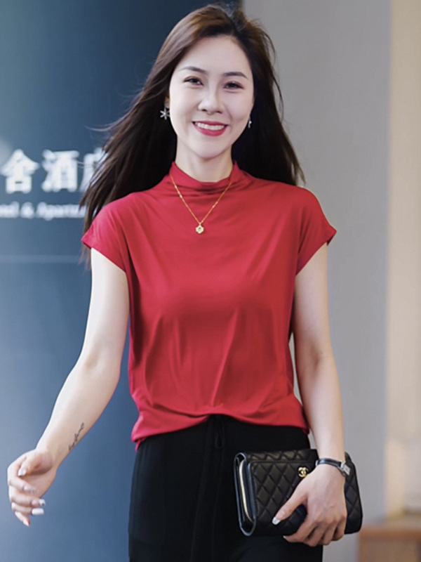여성용 모달 블랙 하프 터틀넥 반팔 티셔츠 여름 아이스 실크 미드 칼라 바닥 셔츠 루즈 반소매 탑