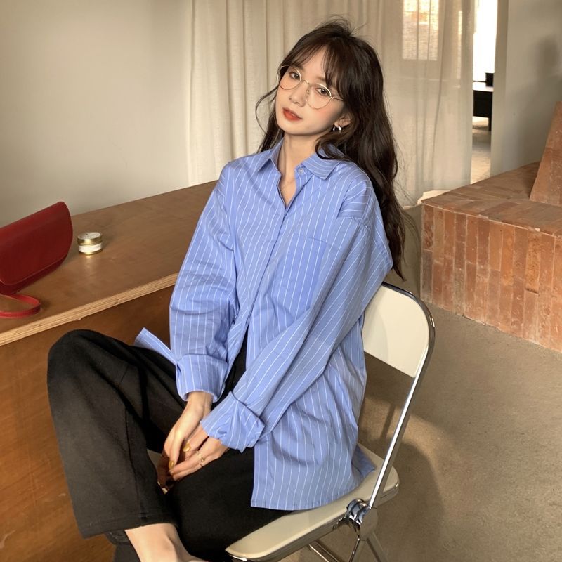 스트라이프 셔츠 여성 디자인 센스 틈새 올 매치 스태킹 긴 소매 셔츠 중간 길이 카디건 선 스크린 얇은 코트 탑