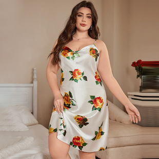 European and American Cross-border Summer plus size Polyester Sling dress Sexy Pajamas Fashion Cherry Backless Sling Skirt Nightdress