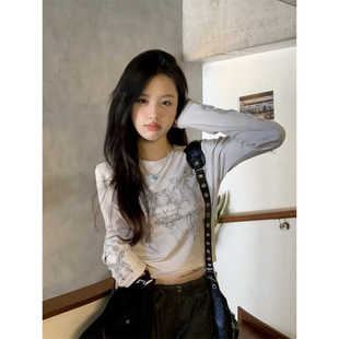 American Style Retro Sweet Spice Girl Sexy Round Neck Long Sleeve T-shirt Women's Autumn Design Sense Printed Slim Look Short Top Clothes