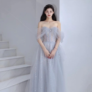 Evening Dress Women's 2023 Winter New Blue Banquet Temperament Vocal Art Test Host Show Dress