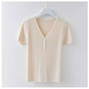 Ice Silk Short-sleeved T-shirt Women's Knitted Sweater 2024 Summer New Fashionable All-match Thin V-neck Slim Base Top for Outer Wear
