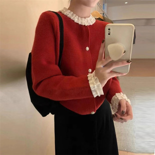 Elegant Chanel style knitted cardigan women's Korean-style sweet lace stitching short sweater coat top women's clothing