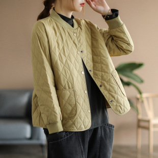 Winter New Artistic Baseball Collar Short Quilted Rhombic Loose Jacket Top Cotton-padded Clothes Women