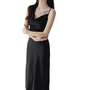 Ice Silk Acetic Texture Satin Swing Collar Sling dress Women's High-end Summer Elegant Slim-fit Waist Long Dress