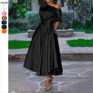 2024 New Spring and Summer European and American Foreign Trade Women's Clothing Amazon Shoulder Lace-up Waisted Slim-fit Mid-length dress