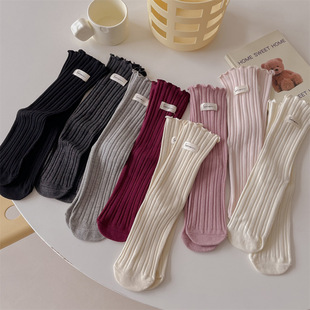 Socks women's mid-calf length socks autumn and winter New pure color double needle lace mouth cloth label vertical stripes sweet pile stockings wholesale