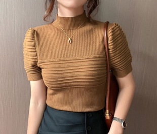 High Collar Knitted Short-sleeved T-shirt Women's 2023 Spring and Summer Solid Color Puff Sleeve Design Sense Chic Slim-fit Slimming Small Top