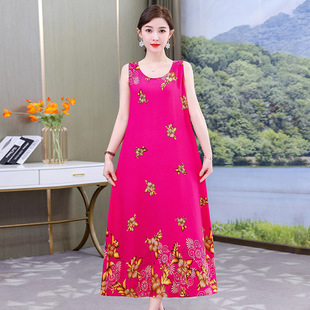 Mother's Cotton Silk dress Women's Summer Long Loose plus size Slim Look Large Swing chubby girl Pajamas Skirt for Office workers
