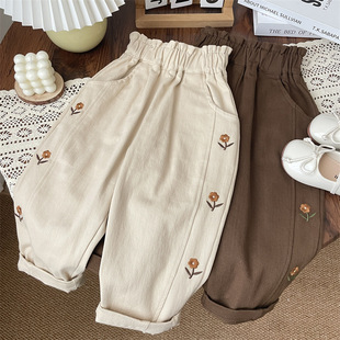 Girls' Baby's New Arrival Cute Autumn All-Match Children's Flower Embroidered Flower Bud Harlan Pants Stylized High Waist Pants