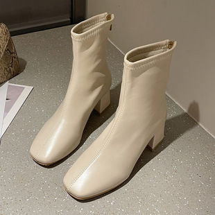 Elastic thin boots short boots Women's Mid Heel chunky heel square toe Martin boots retro Western style ankle boots Spring and Autumn New