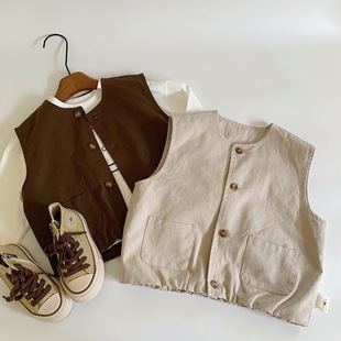 Maibao Children's Vest 2024 Autumn New Round Neck Outer Wear Vest Children's Retro Style All-match Top Cardigan