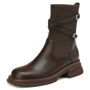 British Style Retro Socks Boots Women's Autumn and Winter 2024 New All-match Thin High-heel Thin Brown Thick Bottom Thick Short-heel
